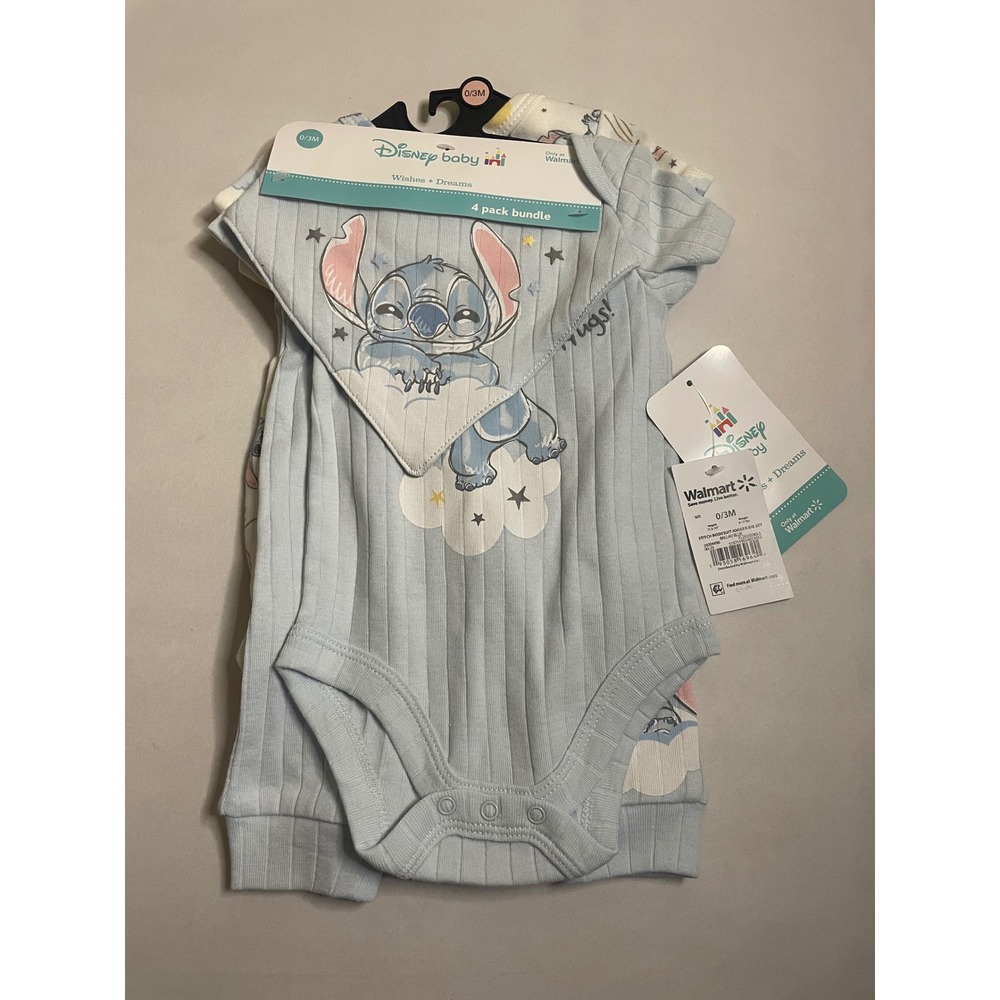 Disney Baby Lilo Stitch 4pc Bundle Set Bodysuits Joggers Bib Blue 0-3M NWT